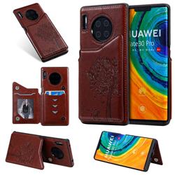 Luxury R61 Tree Cat Magnetic Stand Card Leather Phone Case for Huawei Mate 30 Pro - Brown