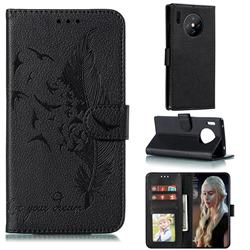 Intricate Embossing Lychee Feather Bird Leather Wallet Case for Huawei Mate 30 Pro - Black