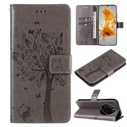 Embossing Butterfly Tree Leather Wallet Case for Huawei Mate 50 - Grey
