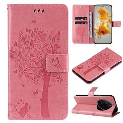 Embossing Butterfly Tree Leather Wallet Case for Huawei Mate 50 - Pink