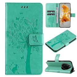 Embossing Butterfly Tree Leather Wallet Case for Huawei Mate 50 - Cyan