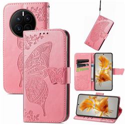 Embossing Mandala Flower Butterfly Leather Wallet Case for Huawei Mate 50 - Pink