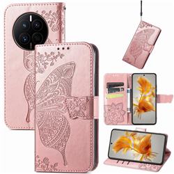 Embossing Mandala Flower Butterfly Leather Wallet Case for Huawei Mate 50 - Rose Gold