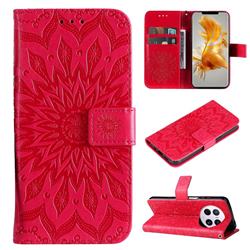 Embossing Sunflower Leather Wallet Case for Huawei Mate 50 Pro - Red