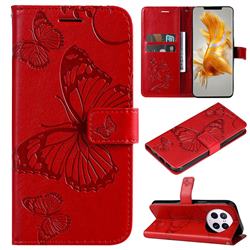 Embossing 3D Butterfly Leather Wallet Case for Huawei Mate 50 Pro - Red