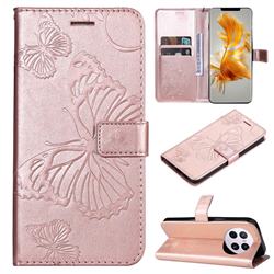 Embossing 3D Butterfly Leather Wallet Case for Huawei Mate 50 Pro - Rose Gold