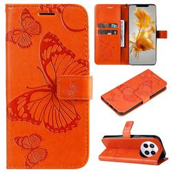Embossing 3D Butterfly Leather Wallet Case for Huawei Mate 50 Pro - Orange