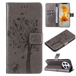 Embossing Butterfly Tree Leather Wallet Case for Huawei Mate 50 Pro - Grey
