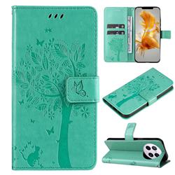 Embossing Butterfly Tree Leather Wallet Case for Huawei Mate 50 Pro - Cyan