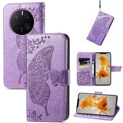 Embossing Mandala Flower Butterfly Leather Wallet Case for Huawei Mate 50 Pro - Light Purple
