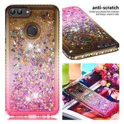 Diamond Frame Liquid Glitter Quicksand Sequins Phone Case for Huawei P Smart(Enjoy 7S) - Gray Pink