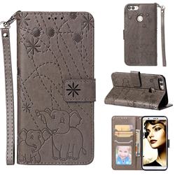 Embossing Fireworks Elephant Leather Wallet Case for Huawei P Smart(Enjoy 7S) - Gray