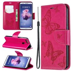 Embossing Double Butterfly Leather Wallet Case for Huawei P Smart(Enjoy 7S) - Red