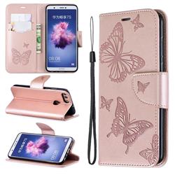 Embossing Double Butterfly Leather Wallet Case for Huawei P Smart(Enjoy 7S) - Rose Gold