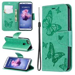 Embossing Double Butterfly Leather Wallet Case for Huawei P Smart(Enjoy 7S) - Green