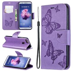 Embossing Double Butterfly Leather Wallet Case for Huawei P Smart(Enjoy 7S) - Purple