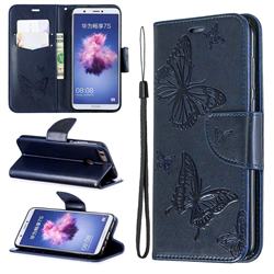 Embossing Double Butterfly Leather Wallet Case for Huawei P Smart(Enjoy 7S) - Dark Blue