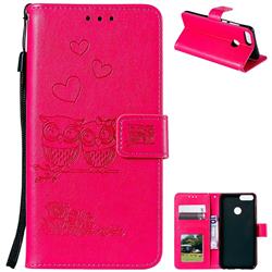 Embossing Owl Couple Flower Leather Wallet Case for Huawei P Smart(Enjoy 7S) - Red