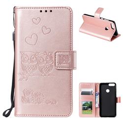 Embossing Owl Couple Flower Leather Wallet Case for Huawei P Smart(Enjoy 7S) - Rose Gold