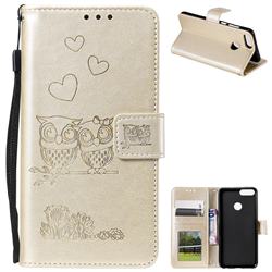 Embossing Owl Couple Flower Leather Wallet Case for Huawei P Smart(Enjoy 7S) - Golden