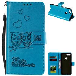 Embossing Owl Couple Flower Leather Wallet Case for Huawei P Smart(Enjoy 7S) - Blue