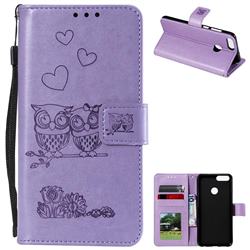 Embossing Owl Couple Flower Leather Wallet Case for Huawei P Smart(Enjoy 7S) - Purple