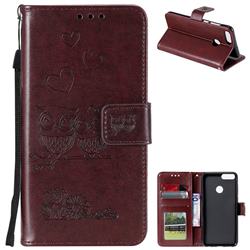 Embossing Owl Couple Flower Leather Wallet Case for Huawei P Smart(Enjoy 7S) - Brown