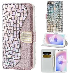 Glitter Diamond Buckle Laser Stitching Leather Wallet Phone Case for Huawei P Smart(Enjoy 7S) - Pink