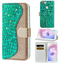 Glitter Diamond Buckle Laser Stitching Leather Wallet Phone Case for Huawei P Smart(Enjoy 7S) - Green