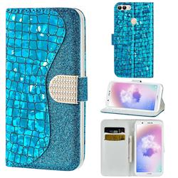 Glitter Diamond Buckle Laser Stitching Leather Wallet Phone Case for Huawei P Smart(Enjoy 7S) - Blue