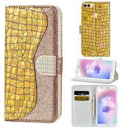 Glitter Diamond Buckle Laser Stitching Leather Wallet Phone Case for Huawei P Smart(Enjoy 7S) - Gold
