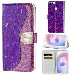 Glitter Diamond Buckle Laser Stitching Leather Wallet Phone Case for Huawei P Smart(Enjoy 7S) - Purple