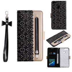 Luxury Lace Zipper Stitching Leather Phone Wallet Case for Huawei P Smart(Enjoy 7S) - Black