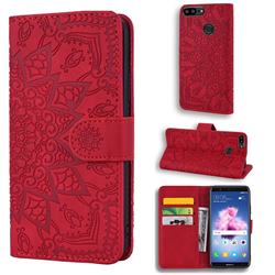 Retro Embossing Mandala Flower Leather Wallet Case for Huawei P Smart(Enjoy 7S) - Red