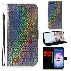 Laser Circle Shining Leather Wallet Phone Case for Huawei P Smart(Enjoy 7S) - Silver