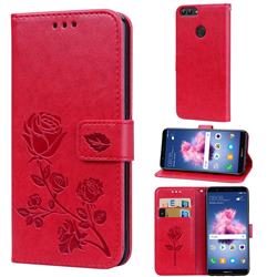 Embossing Rose Flower Leather Wallet Case for Huawei P Smart(Enjoy 7S) - Red