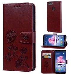 Embossing Rose Flower Leather Wallet Case for Huawei P Smart(Enjoy 7S) - Brown