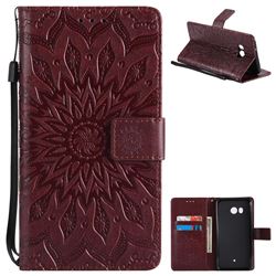 Embossing Sunflower Leather Wallet Case for HTC U11 - Brown