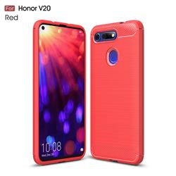 Luxury Carbon Fiber Brushed Wire Drawing Silicone TPU Back Cover for Huawei Honor View 20 / V20 - Red