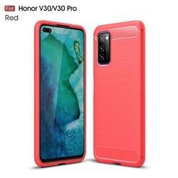 Luxury Carbon Fiber Brushed Wire Drawing Silicone TPU Back Cover for Huawei Honor View 30 / V30 - Red