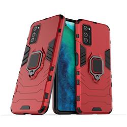 Black Panther Armor Metal Ring Grip Shockproof Dual Layer Rugged Hard Cover for Huawei Honor View 30 / V30 - Red