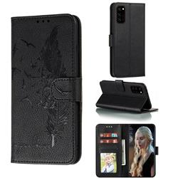 Intricate Embossing Lychee Feather Bird Leather Wallet Case for Huawei Honor View 30 / V30 - Black