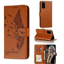Intricate Embossing Lychee Feather Bird Leather Wallet Case for Huawei Honor View 30 / V30 - Brown