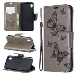 Embossing Double Butterfly Leather Wallet Case for Huawei Y5 (2019) - Gray