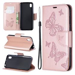 Embossing Double Butterfly Leather Wallet Case for Huawei Y5 (2019) - Rose Gold