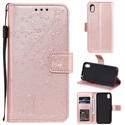 Embossing Cherry Blossom Cat Leather Wallet Case for Huawei Y5 (2019) - Rose Gold