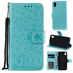 Embossing Cherry Blossom Cat Leather Wallet Case for Huawei Y5 (2019) - Green