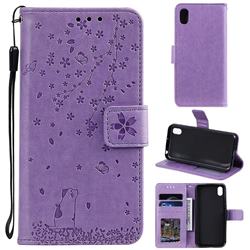 Embossing Cherry Blossom Cat Leather Wallet Case for Huawei Y5 (2019) - Purple