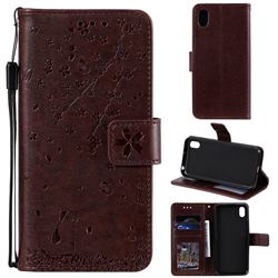 Embossing Cherry Blossom Cat Leather Wallet Case for Huawei Y5 (2019) - Brown