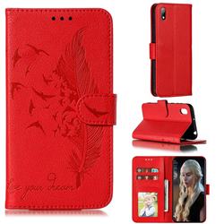 Intricate Embossing Lychee Feather Bird Leather Wallet Case for Huawei Y5 (2019) - Red